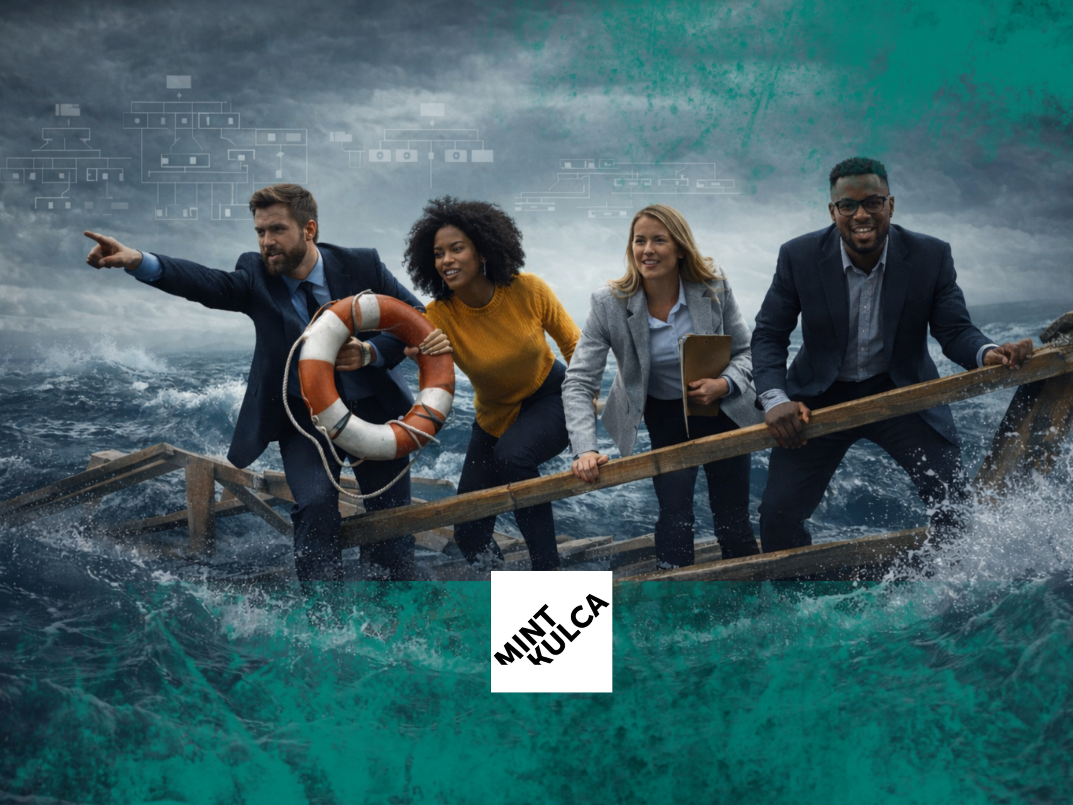 Team of business professionals navigating a small raft through rough seas, representing organisational resilience and teamwork during challenging conditions.